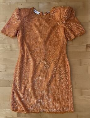 VTG Laurence Kazar Orange Sequin Beaded 100% Silk Mini Dress MP